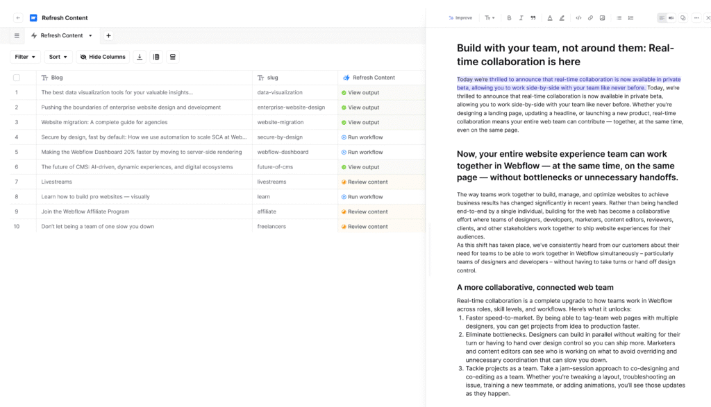 Split-screen view of AirOps content review and real-time human review functionality
