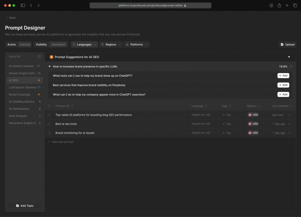 Profound Prompt Designer interface showing AI SEO prompt suggestions, citation metrics, and filters for visibility, sentiment, and platform coverage.