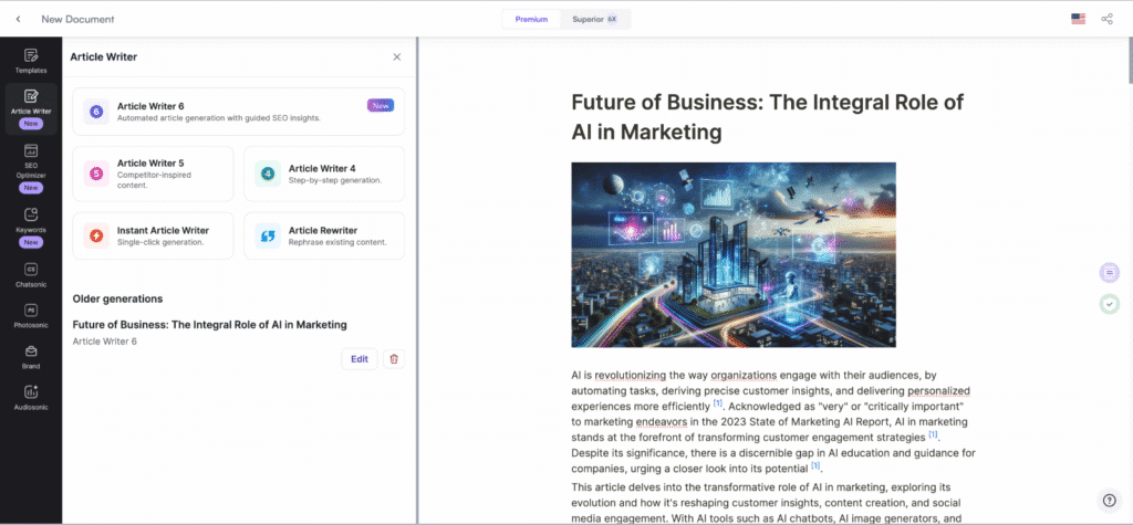 Writesonic's structured AI article writer interface showing automated content tools and a marketing article preview.