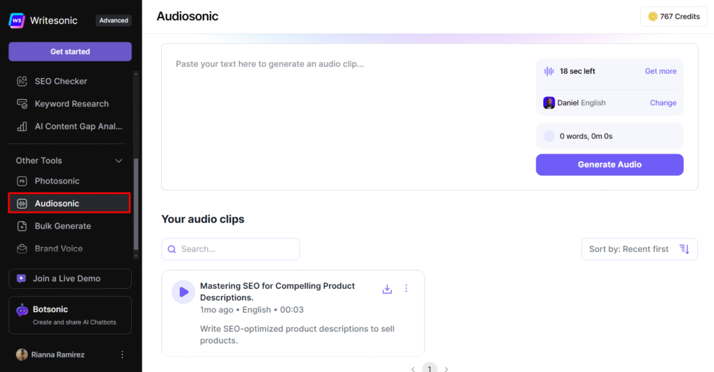 Audiosonic interface by Writesonic displaying voice generation tools and a list of recent audio clips
