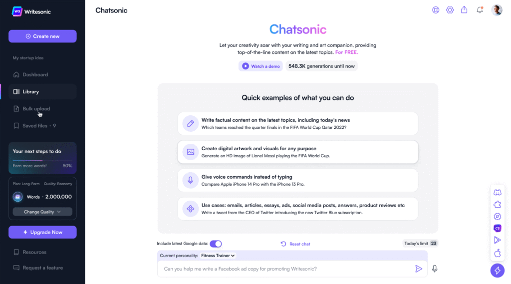 Chatsonic AI interface by Writesonic showing creative tools, usage stats, and content generation examples.