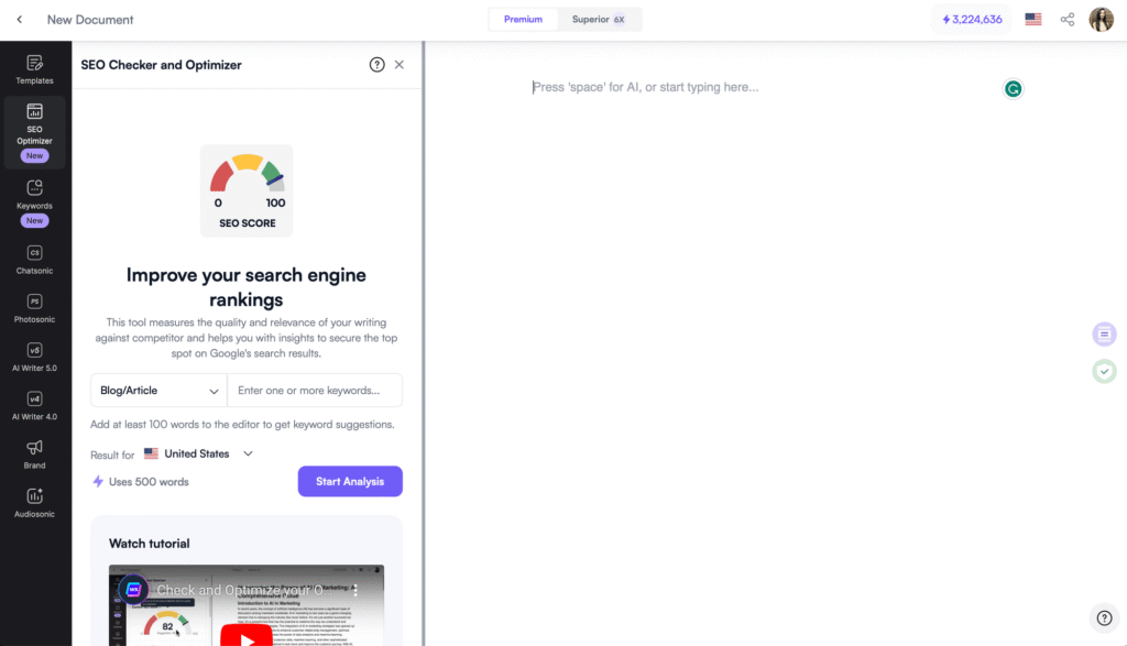 Writesonic SEO Checker and Optimizer interface showing keyword input, content type selection, and a SEO score meter