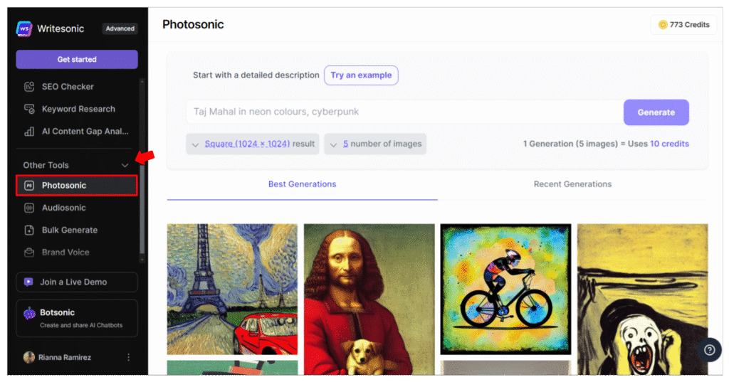 Photosonic interface by Writesonic displaying AI image generation tools and top visual examples.”