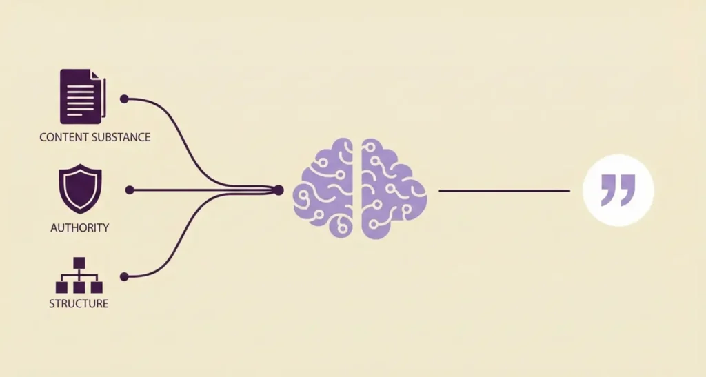 Illustration demonstrating how generative engines choose what to cite by prioritizing content substance, authority, and structure.