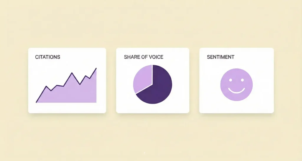 Illustration demonstrating the three important metrics for GEO: citations, share of voice, and sentiment.