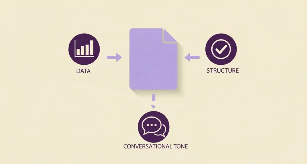 Diagram showing how data, structure, and conversational tone are important to GEO optimization