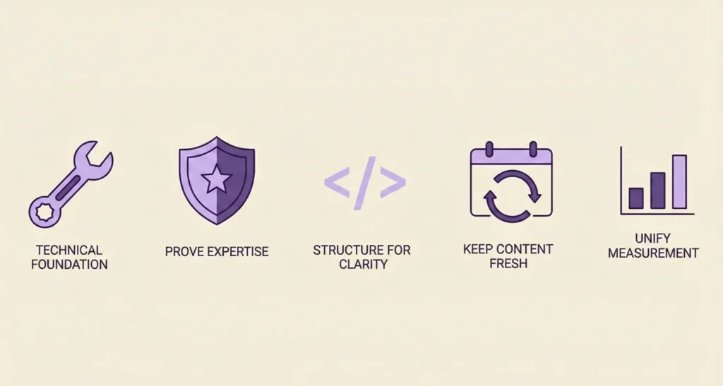 The elements required to optimize for both AEO and SEO: a strong technical foundation, proving expertise, structuring content for clarity, refreshing it, and unifying measurement