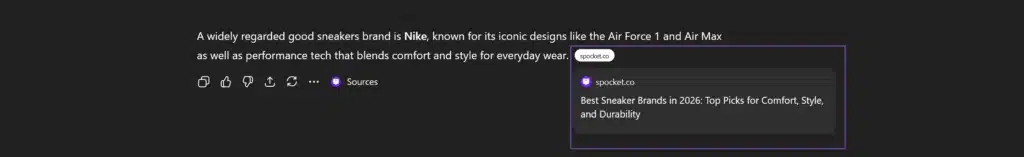 An example of an AI citation, where ChatGPT cites Spocket.co's 2026 listicle as a source of information for his brand recommendation