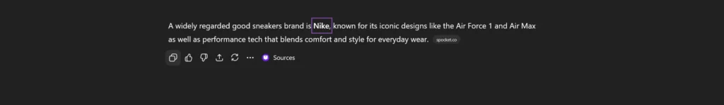 An example of an AI mention where ChatGPT mentions the brand Nike by name while recommending a reliable sneakers brand