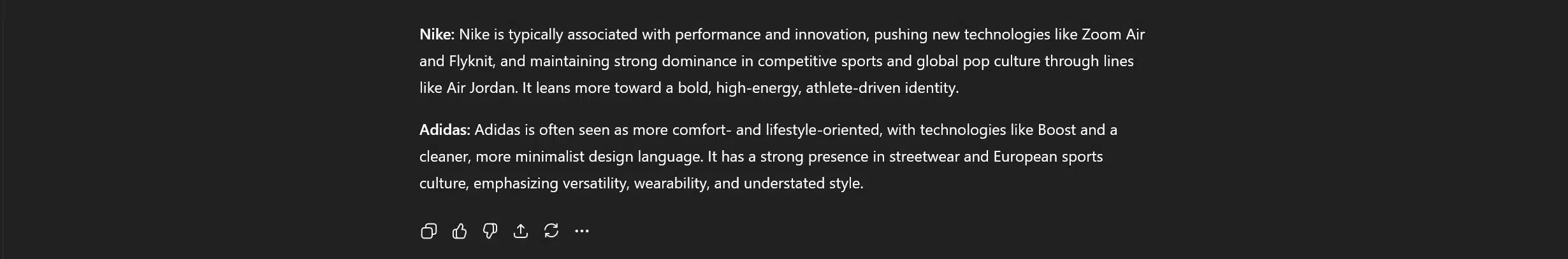 ChatGPT comparing two sneakers brands, Nike and Adidas, in a narrative style, demonstrating the different ways AI models prefer to respond to queries