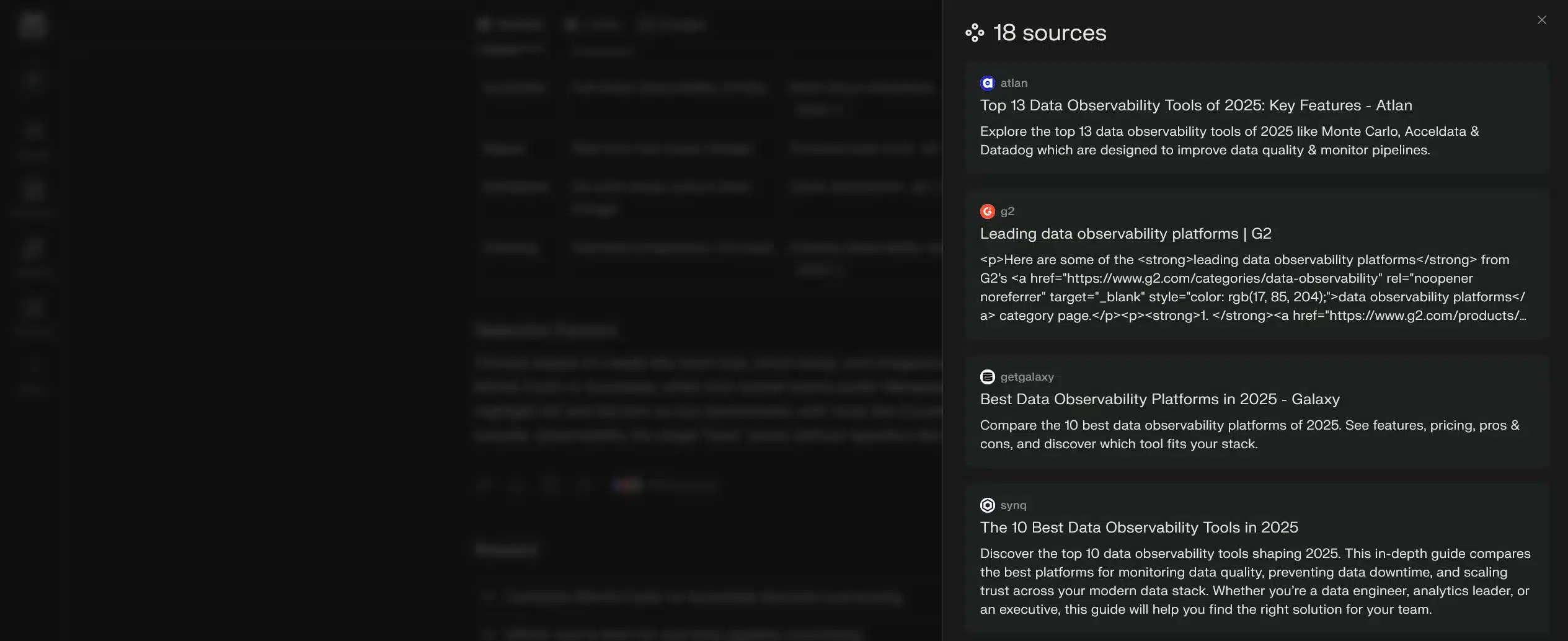 Perplexity displaying the sources it explored to construct the answer to a query, highlighting the platform's research capabilities