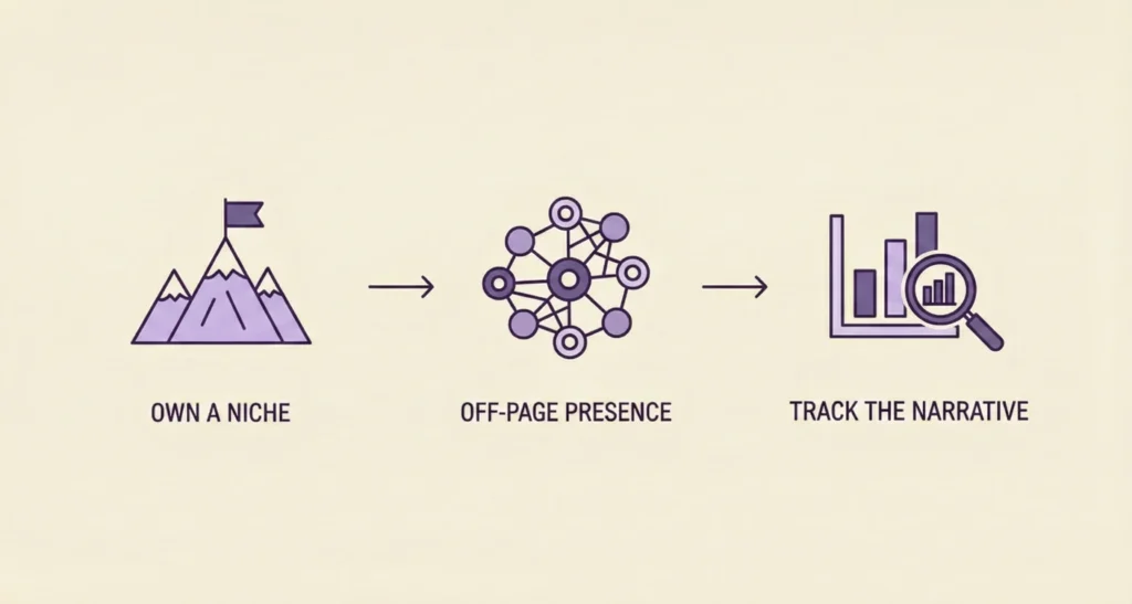 The three steps required to start earning AI mentions:  owning a niche, building off-page presence, and tracking the narrative