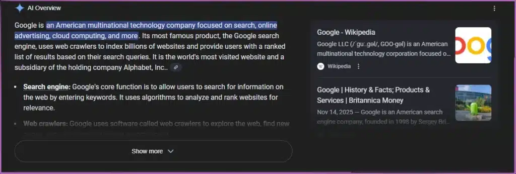Screenshot of Google AI Overview panel summarizing Google's core services and search engine features with links to Wikipedia and Britannica