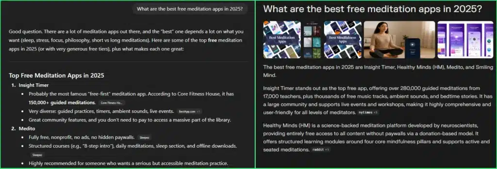 An example of the difference between ChatGPT and Perplexity's styles in answering user queries, demonstrating that AI models require different strategies