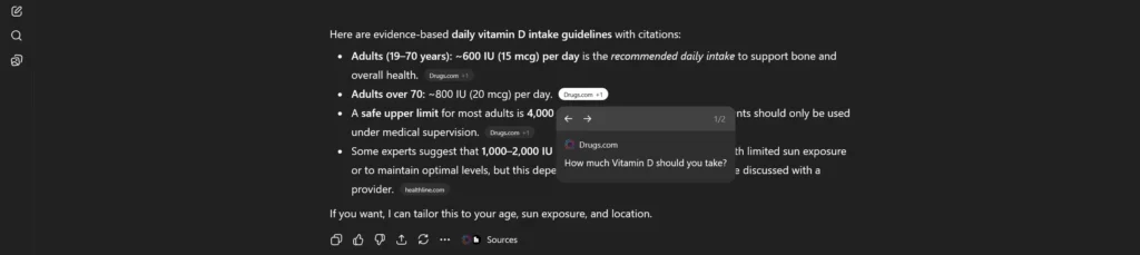 An example of an AI citation from ChatGPT, where the AI engine cited Drugs.com to provide accurate daily vitamin D dosage