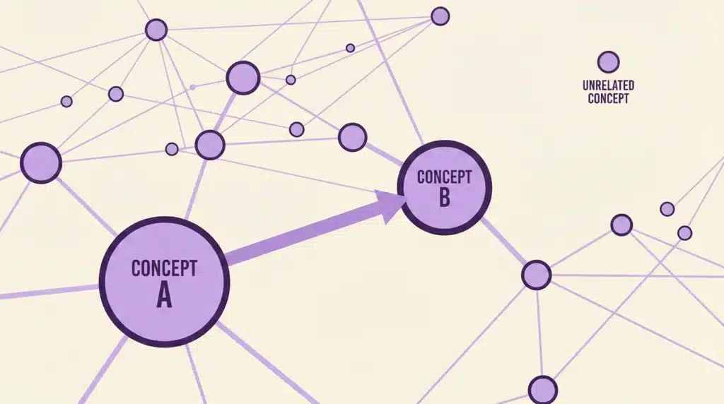 An illustration depicting a network of concepts. Concept A is strongly associated with concept B, whereas an unrelated concept has no connections