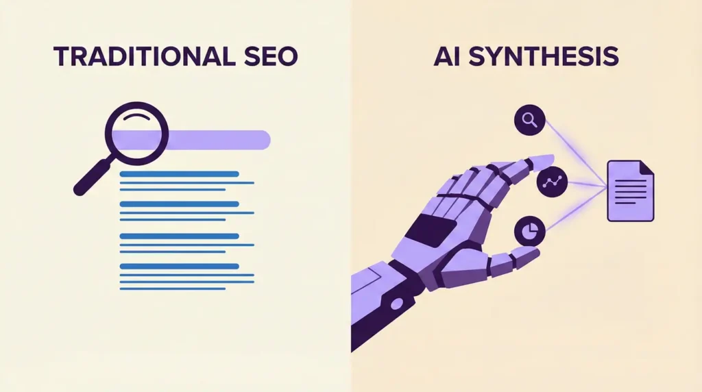 An illustration depicting the differences between traditional SEO, which provided users with a list of links, and AI synthesis, which provides a custom, synthesized answer