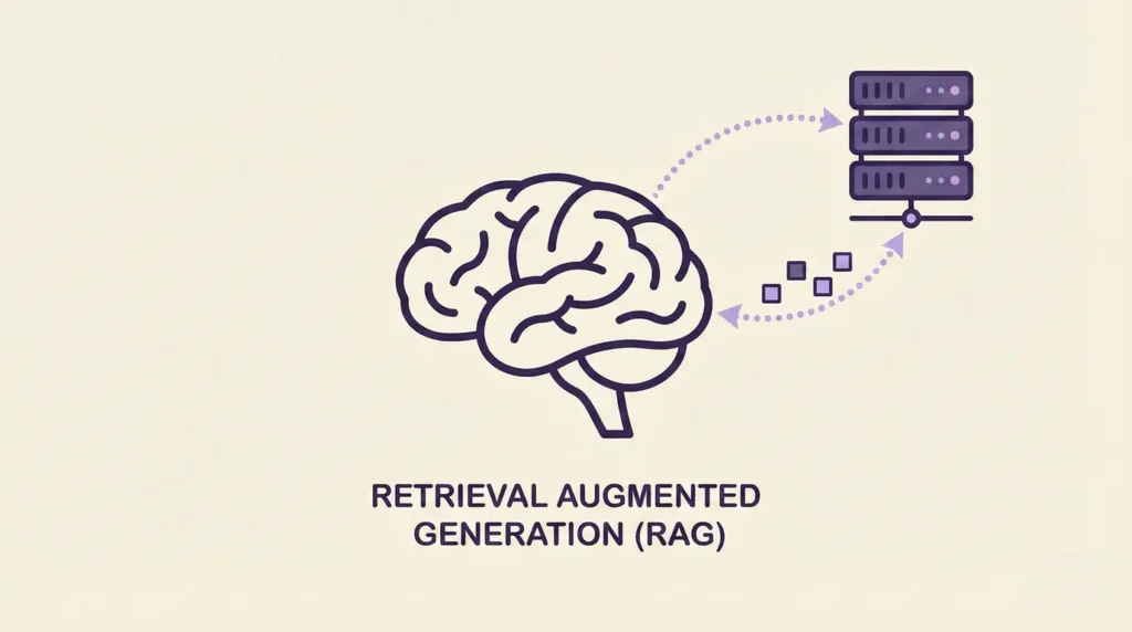 An illustration depicting a brain communicating with a database, symbolizing the process of retrieval augmented generation (RAG) used by AIs to augment their answers