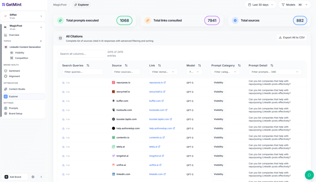 GetMint's explorer, listing all of the source URLs and executed prompts.