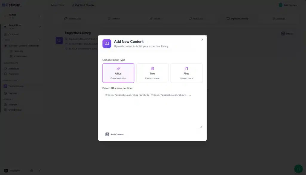 GetMint's expertise library prompting the user to upload text files and PDFs to use as a source of information while generating content