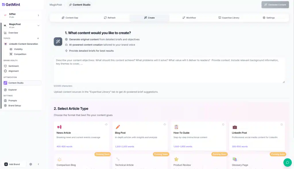 GetMint Content Studio requesting the user to describe their content goals and select a post type before automatically generating content