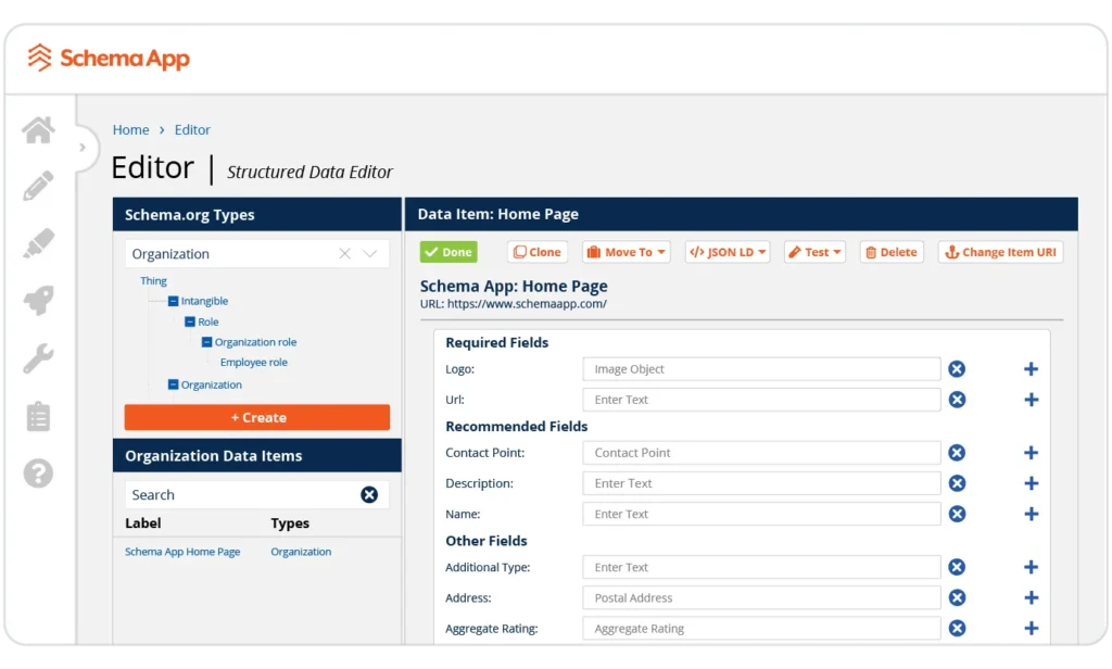 SchemaApp's structured data editor providing the user with an easy tool for deploying, managing, and scaling structured data markup