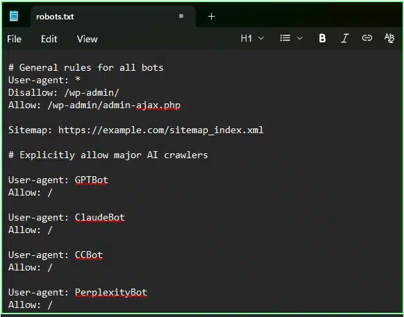 Screenshot of robots.txt file allowing access to major AI crawlers like GPTBot, ClaudeBot, and PerplexityBot, with sitemap and admin directives for WordPress