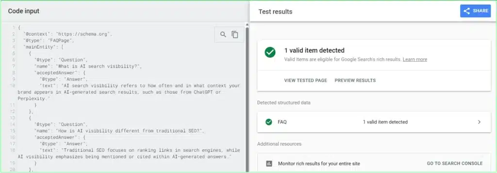 Screenshot of structured data testing tool validating FAQPage JSON-LD markup with two AI-related questions, confirming eligibility for Google rich results