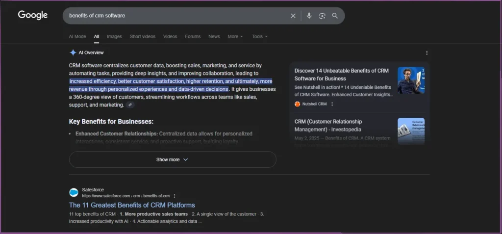 A screenshot of a Google AI Overview providing the user with a quick answer to the query "benefits of CRM software," taking up the first position on the SERP