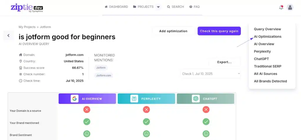 Ziptie dashboard analyzing AI overview brand sentiment and domain visibility for Jotform across Google, Perplexity, and ChatGPT