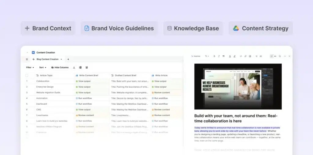 AirOps collaborative content creation workspace showing article briefs, workflow actions, and real-time editing tools