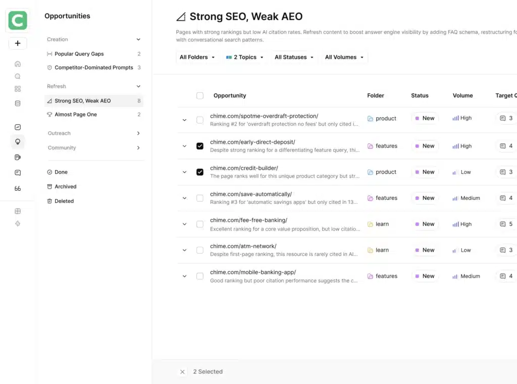 AirOps URL inventory dashboard showing mention counts across development-related pages for SEO tracking