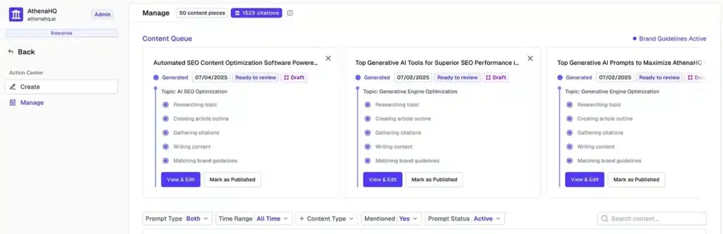 AthenaHQ content dashboard showing AI-generated SEO article queue with task checklists and publishing controls