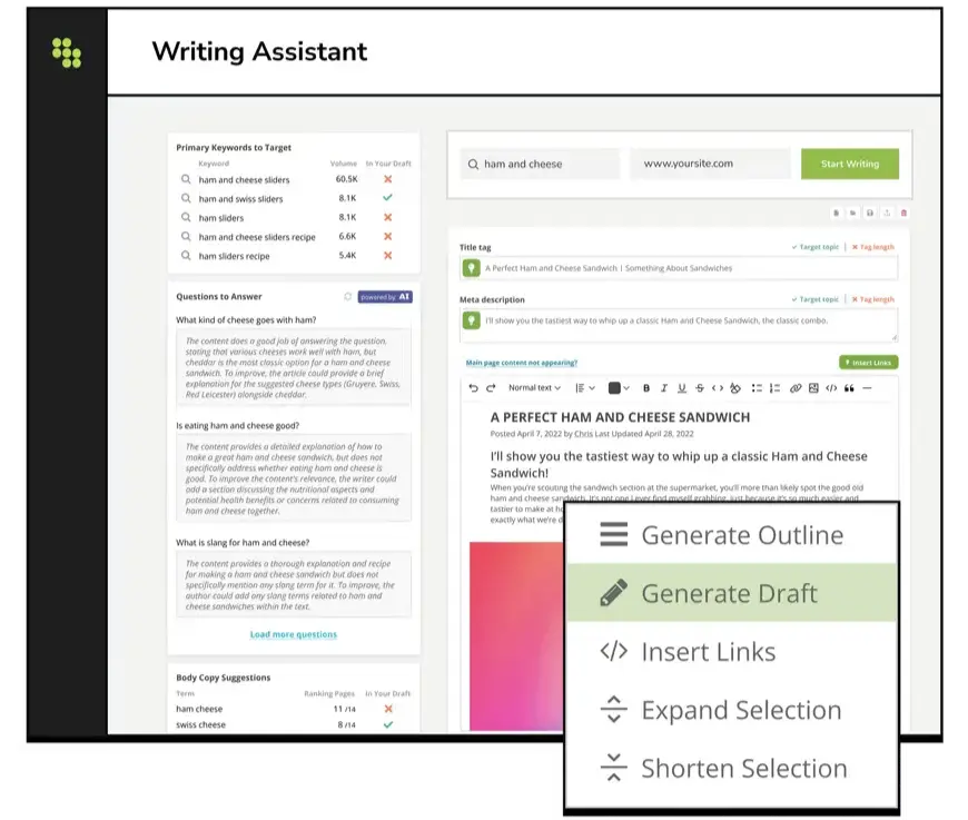Conductor content creation module showing keyword targeting, AI-generated questions, and SEO-optimized blog drafting tools
