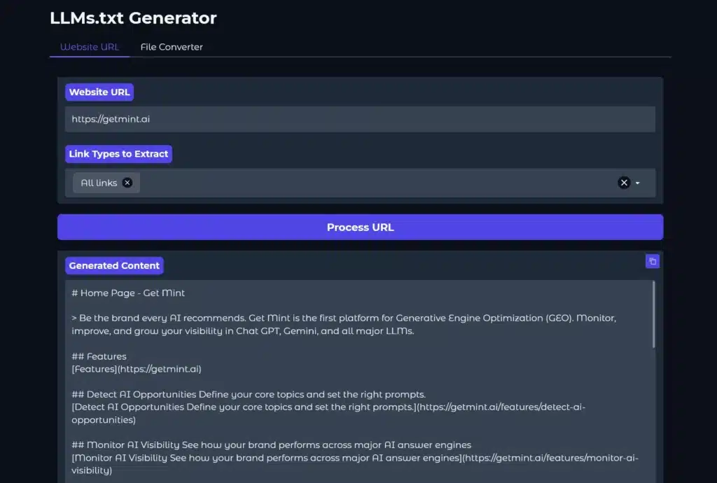 WordLift's automatic llms.txt generator, requesting the user to input a link before scraping the web and creating the file