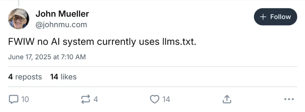 John Mueller's post on X emphasizing that no AI system currently uses llms.txt