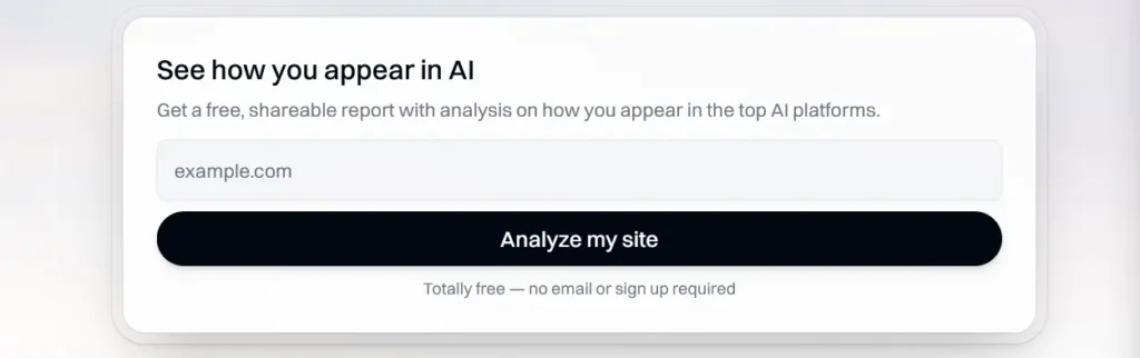 Hall AI visibility analyzer interface with input field for domain analysis and free report generation.