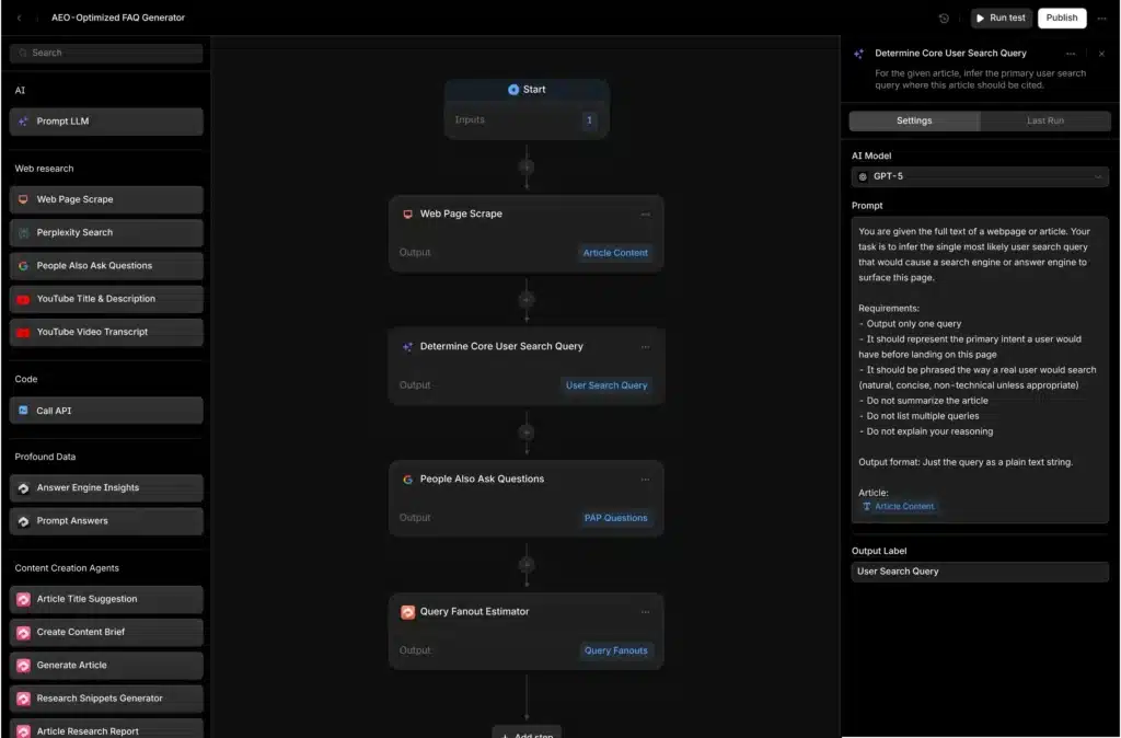 Profound AI’s AEO-Optimized FAQ Generator workflow showing automated steps for extracting user queries and generating search-optimized FAQs