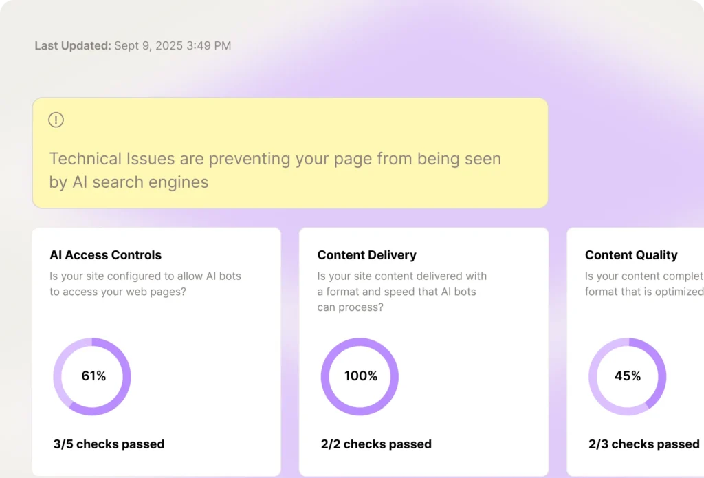 Scrunch AI diagnostic dashboard showing technical issues affecting AI search visibility, with performance scores for access, delivery, and content quality
