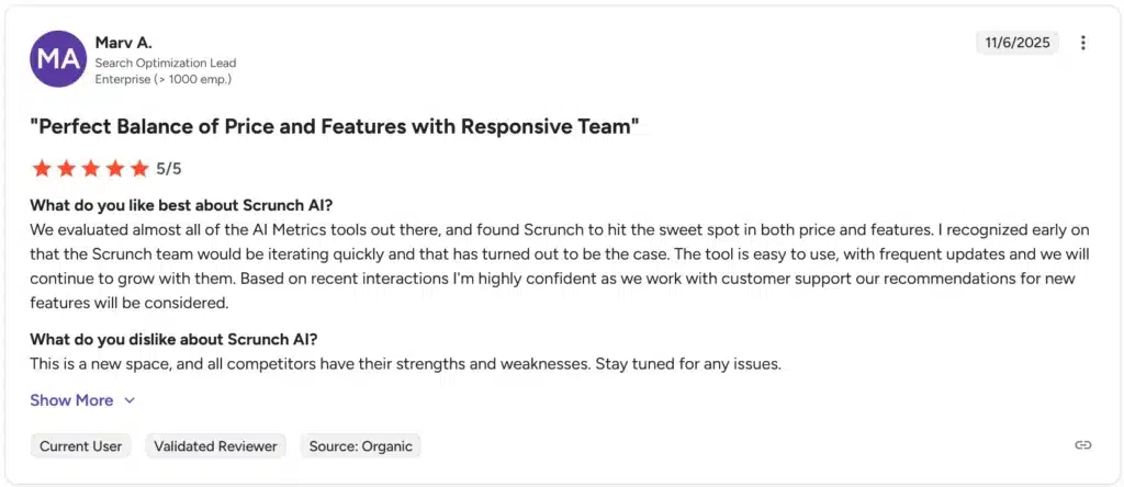Verified 5-star review of Scrunch AI by enterprise search optimization lead praising pricing, features, and responsive support