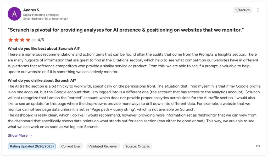 Scrunch AI user review by digital marketing strategist highlighting prompt insights, competitor citations, and dashboard usability issues
