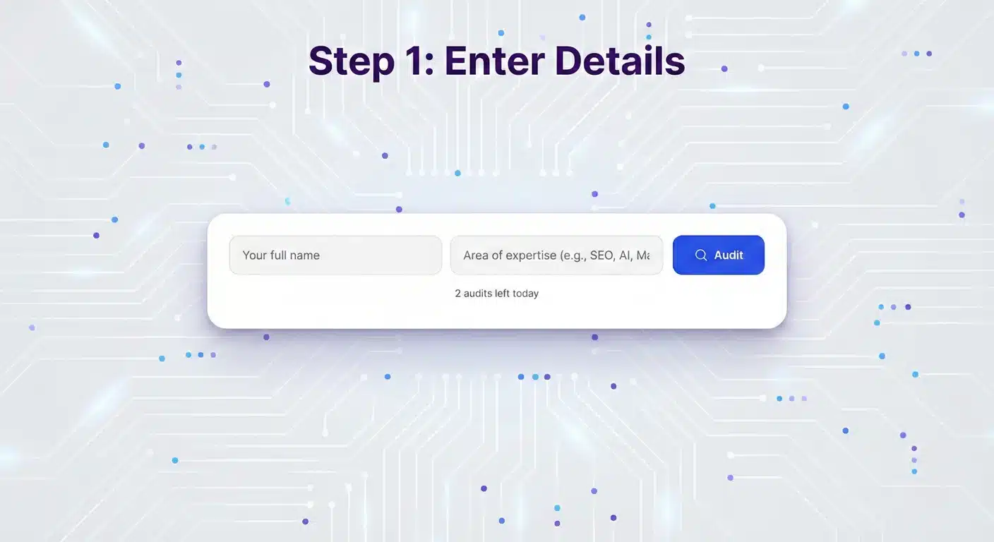 Digital interface for AI brand audit tool showing a form to enter name and area of expertise with a blue “Audit” button and circuit board background.