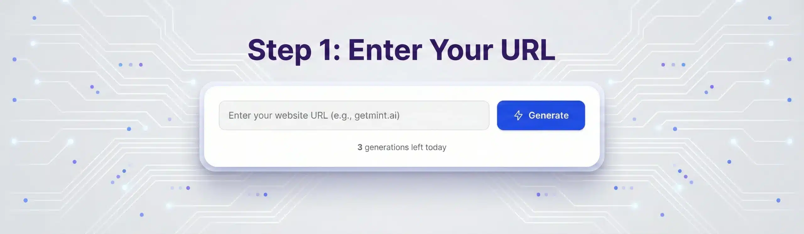 Digital interface of a free llms.txt generator tool showing a URL input field, “Generate” button, and usage limit message with a tech-themed background