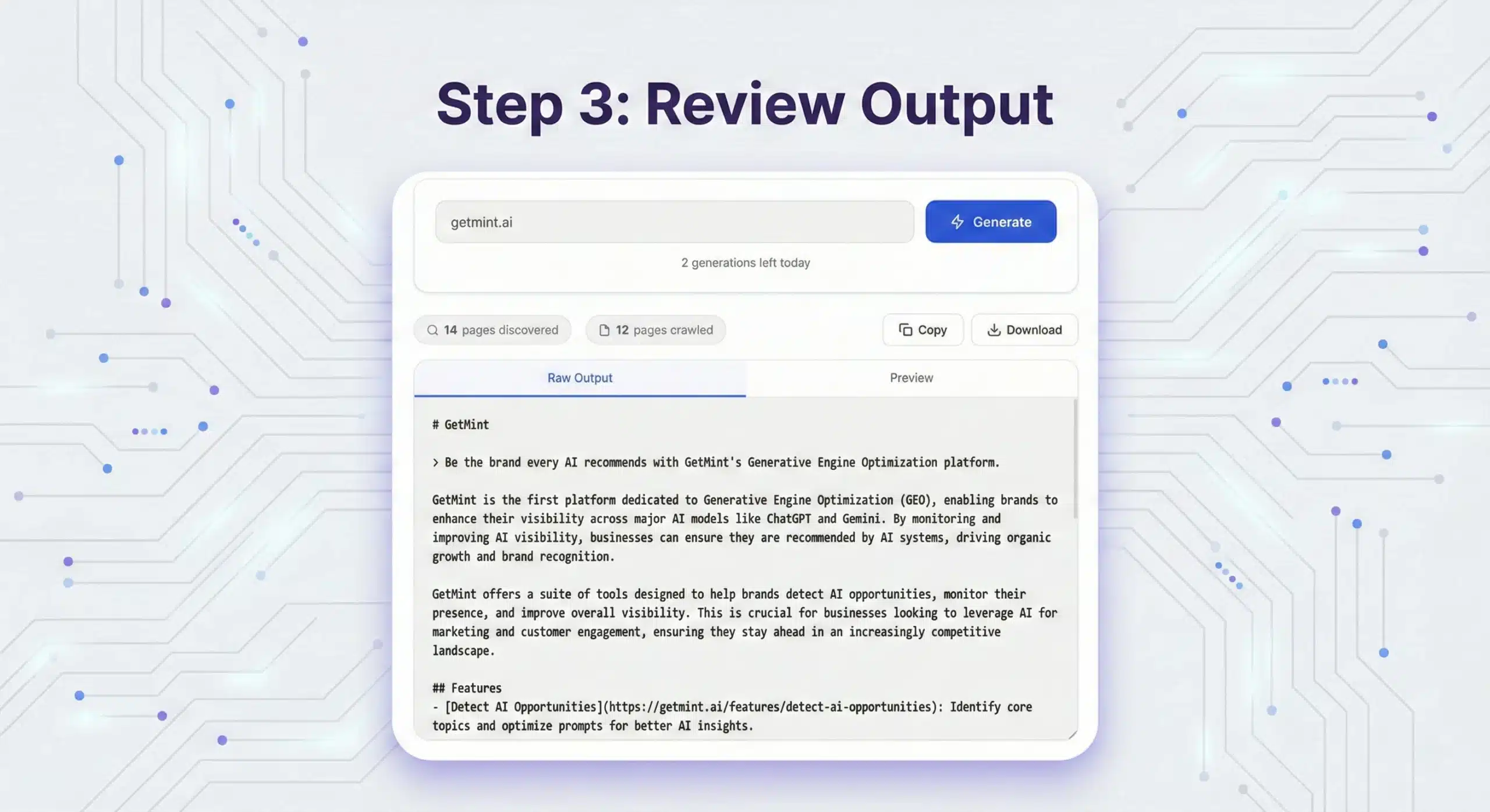 Free llms.txt generator output screen showing discovered pages, raw AI-generated text, and options to copy or download results within a tech-themed interface.