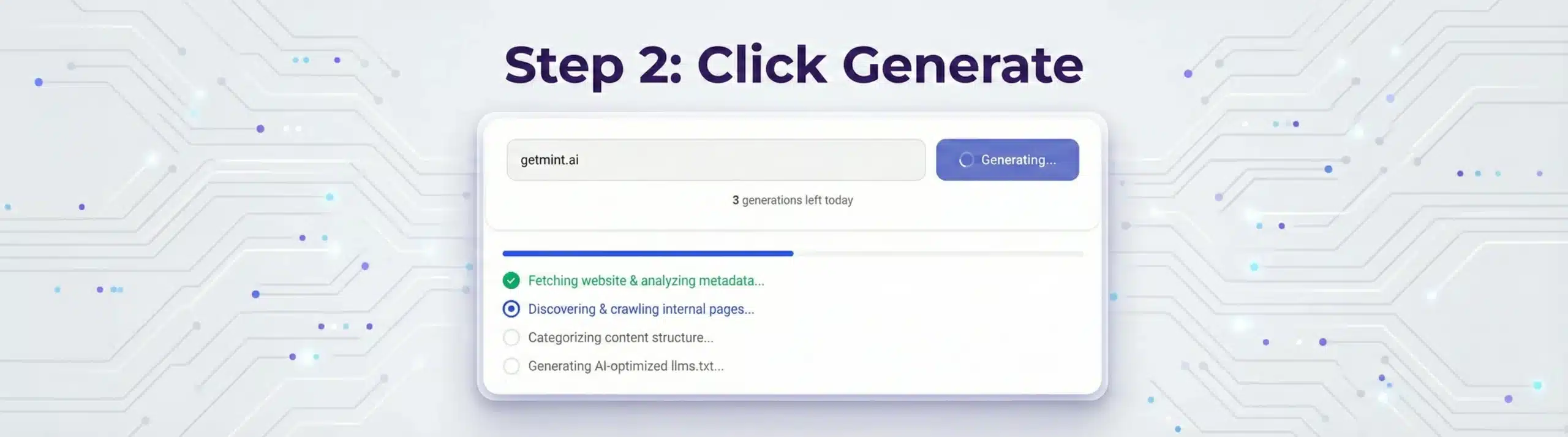 Free llms.txt generator interface in progress, showing URL input, “Generating…” button, and AI-driven steps like metadata analysis, page crawling, and content categorization with a tech-themed background