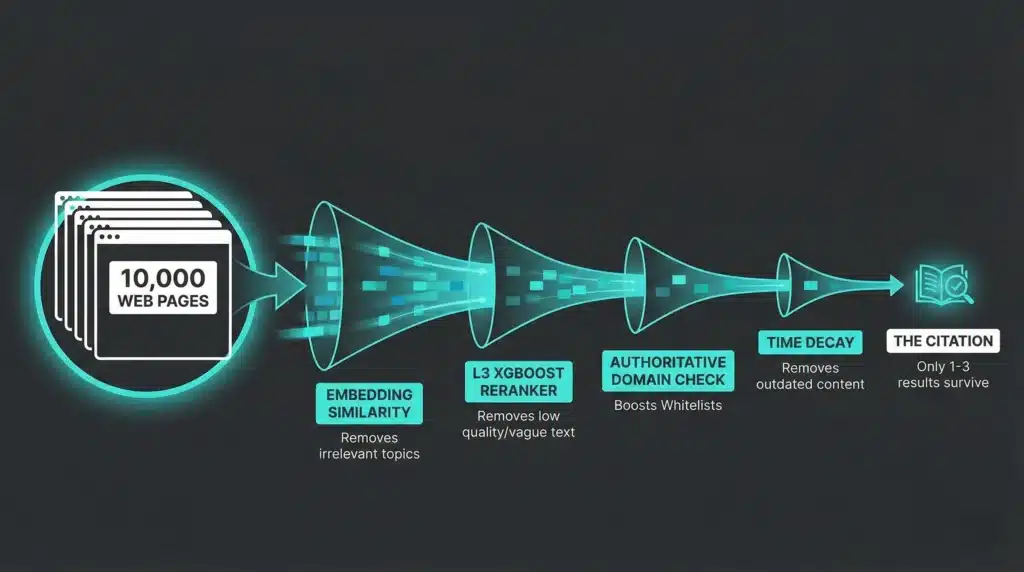 Visual funnel showing filters on 10,000 web pages—embedding similarity, XGBoost reranker, authoritative domain check, and time decay, explaining how to rank in Perplexity by understanding its filters