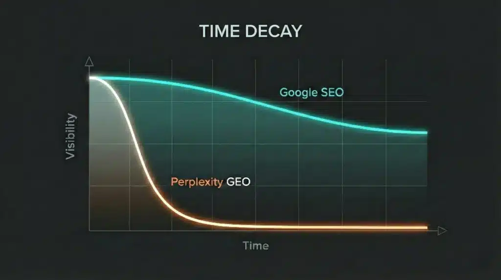 Time decay comparison chart showing Perplexity GEO visibility drops rapidly over time compared to Google SEO's gradual decline, illustrating content freshness importance